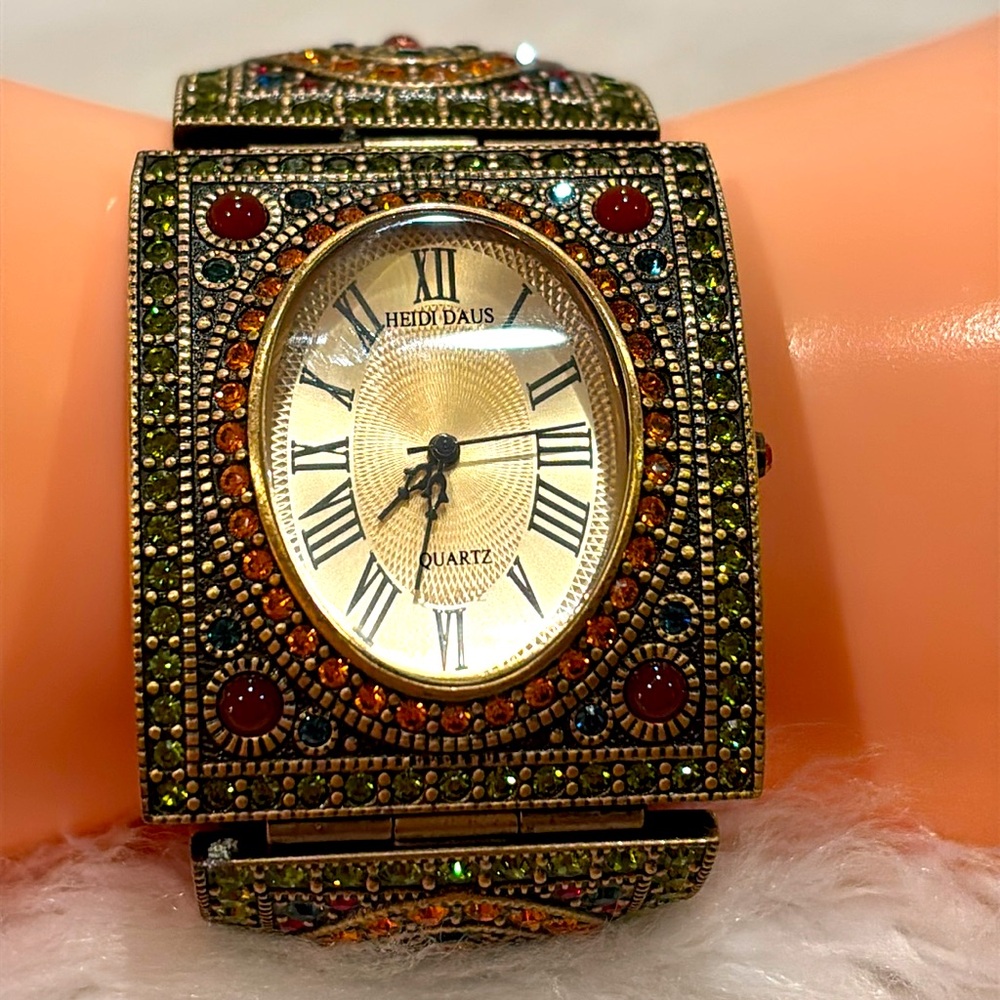 Heidi Daus Swarovski and Simulated Gems Hinged Watch Bracelet #B7859 EUC